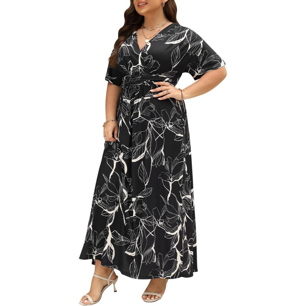 Plus Size Maxi Dress Floral V Neck 3/4 Sleeve A Line Casual Formal Wear